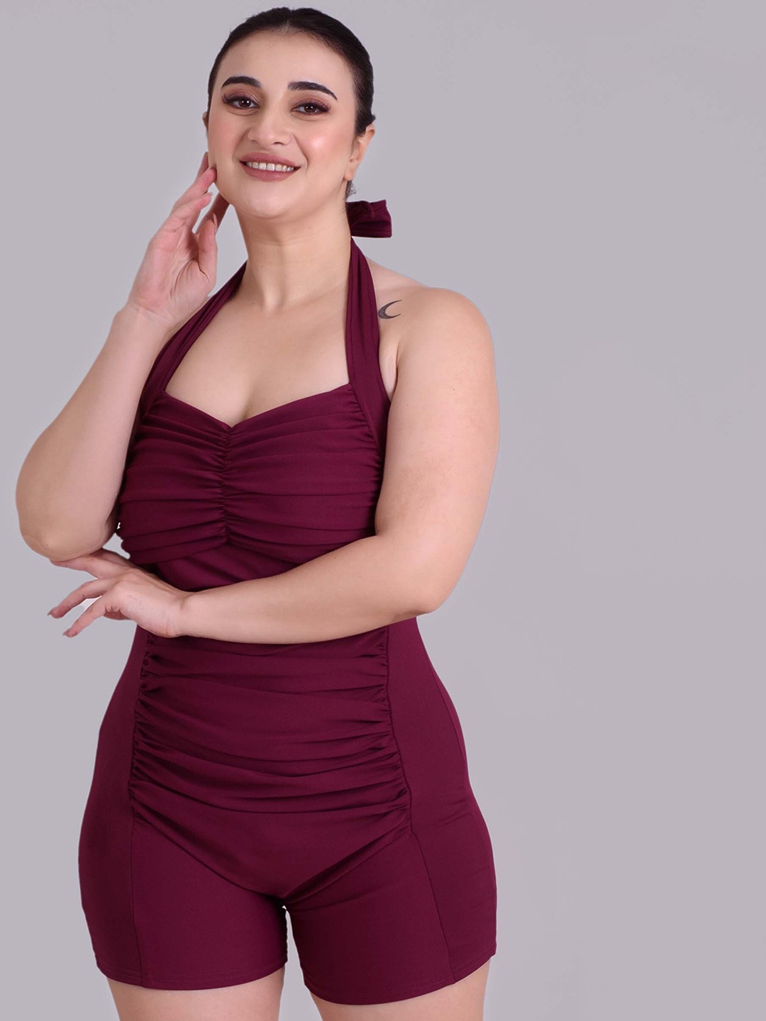 

Keepfit Halter Neck Padded Ruched Sleeveless One Piece Legsuit, Red