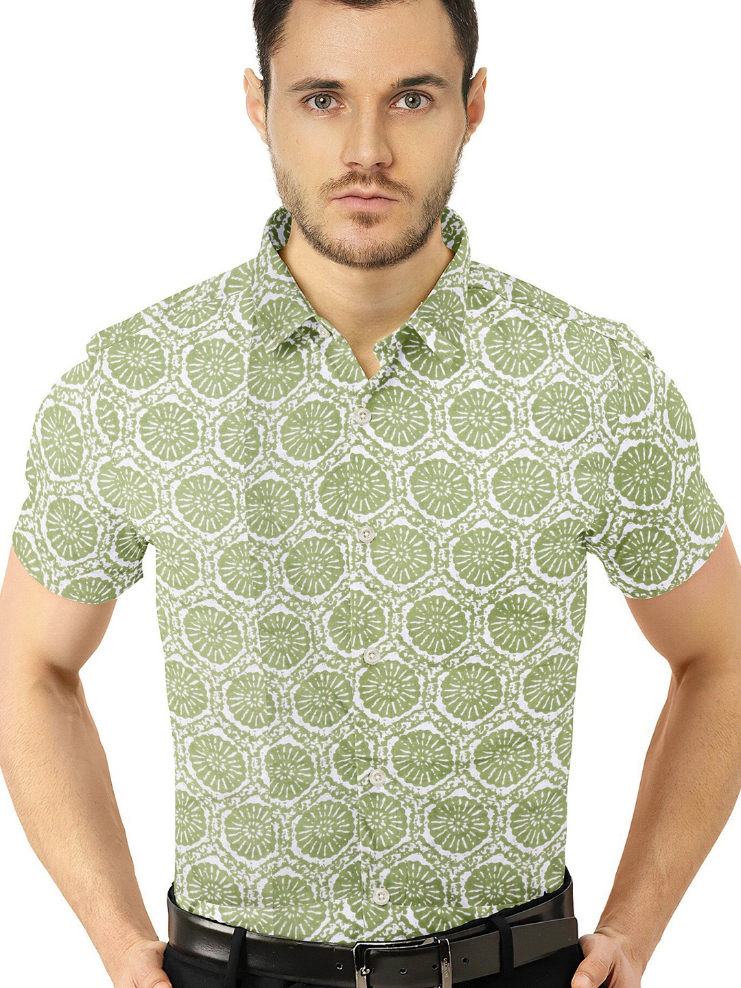 

misbis Relaxed Slim Fit Opaque Printed Casual Cotton Shirt, Green