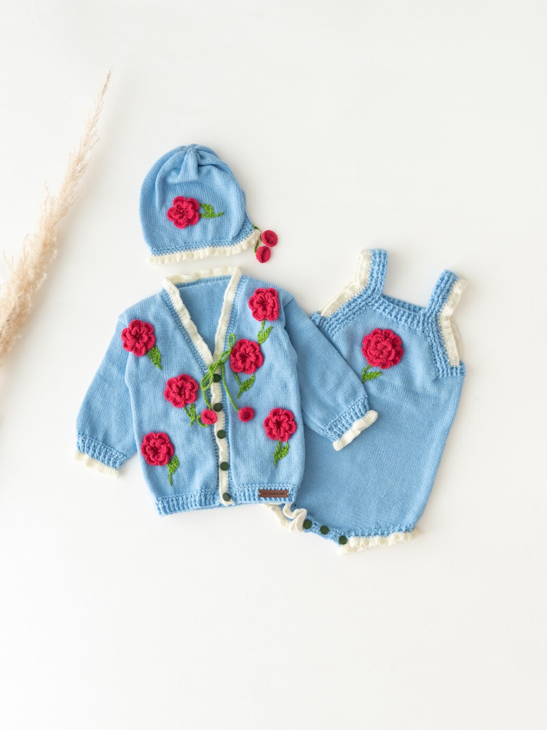 

The Original Knit Infant Girls Pieces Of 4 Floral Embroidered Rompers With Beanie, Blue