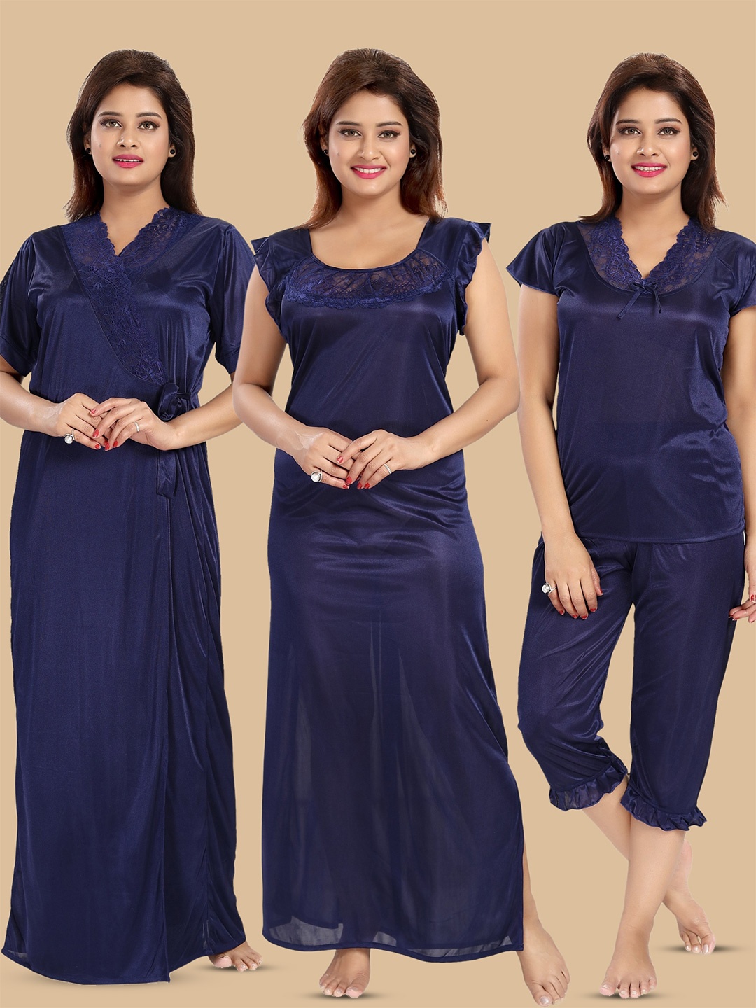 

Noty 4 Piece Round Neck Satin Maxi Wrap Nightdress, Navy blue