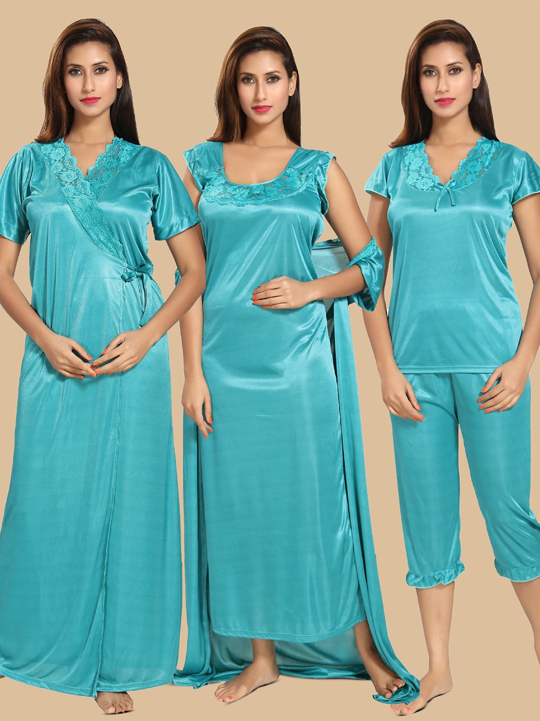 

Noty 4 Piece Round Neck Satin Maxi Wrap Nightdress, Green