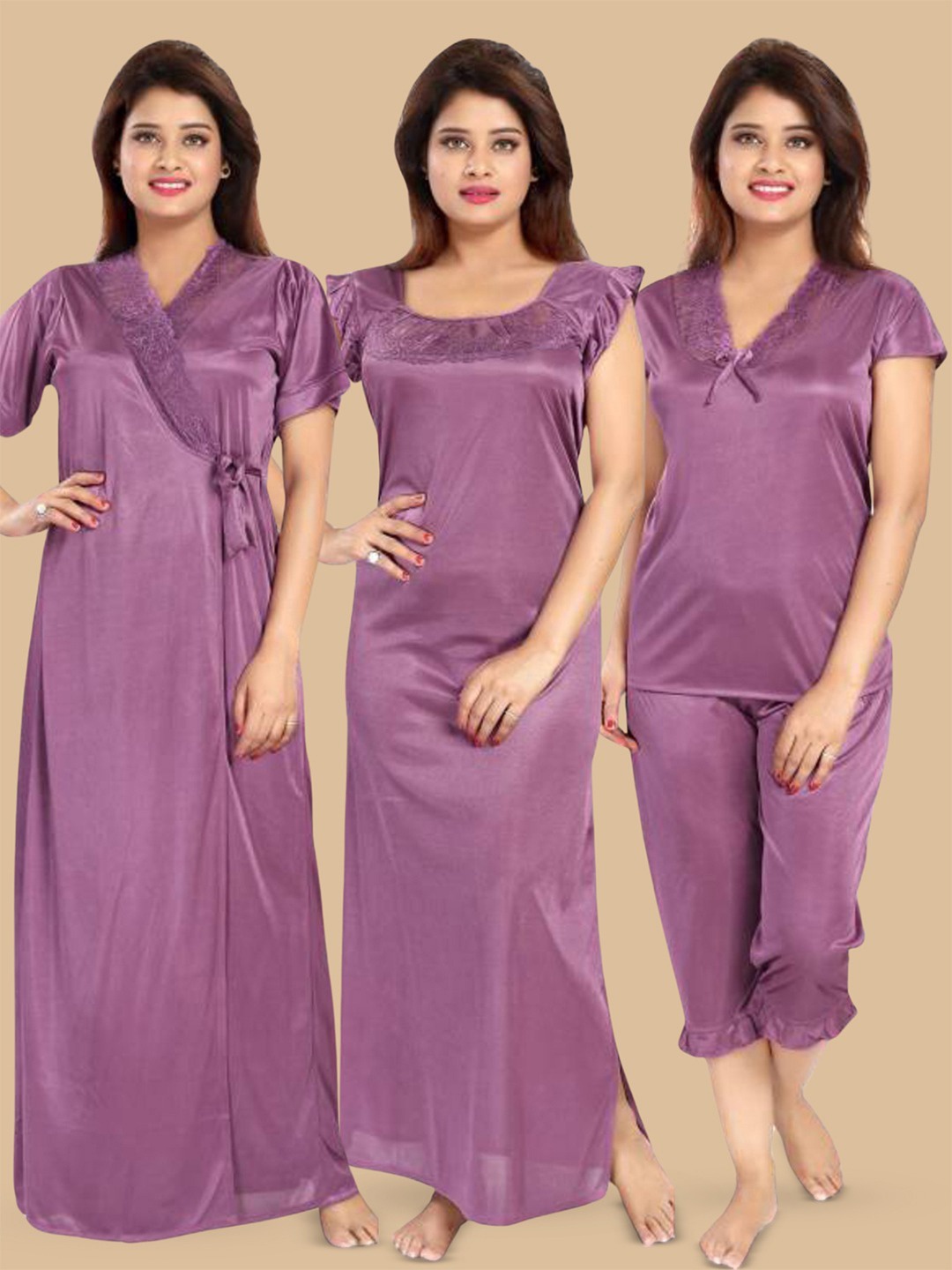 

Noty 4 Piece Round Neck Satin Maxi Wrap Nightdress, Purple