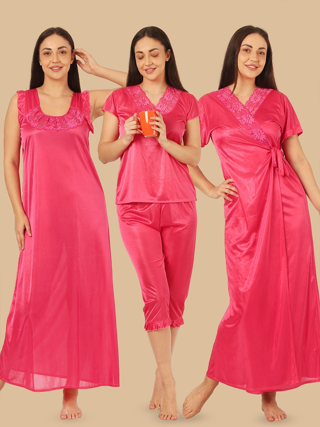 

Noty Pack Of 3 Satin Maxi Wrap Nightdress, Coral