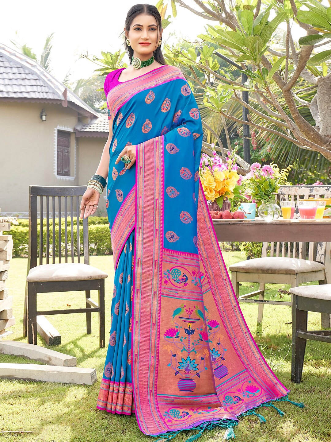 

SANGAM PRINTS Ethnic Motifs Woven Design Zari Pure Silk Saree, Blue