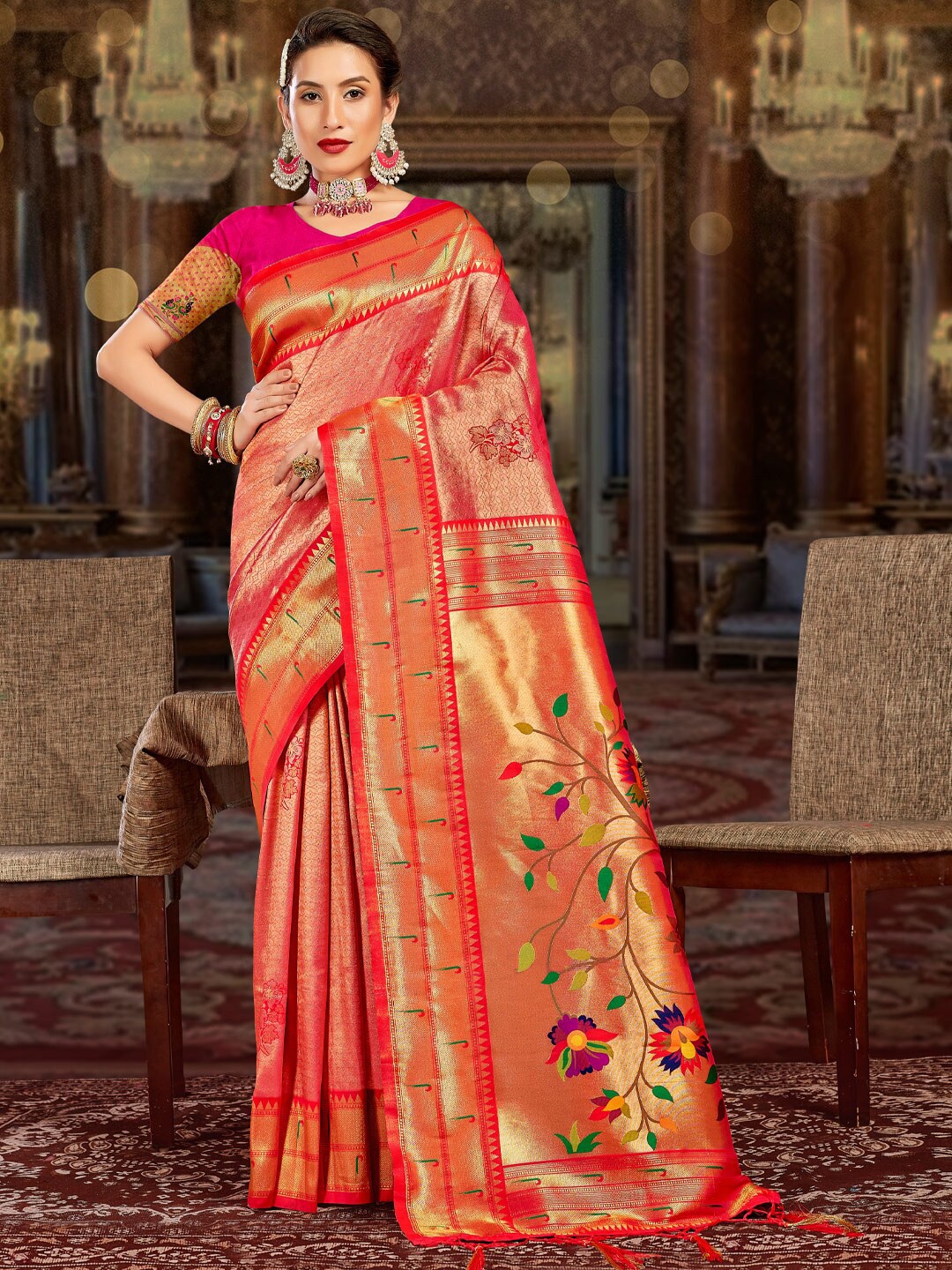 

SANGAM PRINTS Ethnic Motifs Woven Design Zari Pure Silk Saree, Red