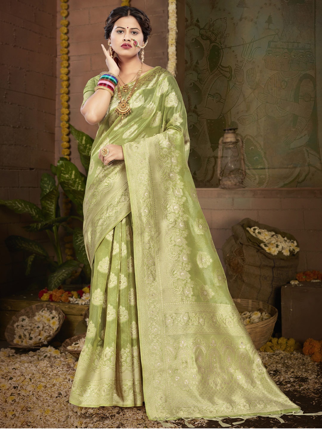 

SANGAM PRINTS Ethnic Motif Woven Design Zari Saree, Sea green