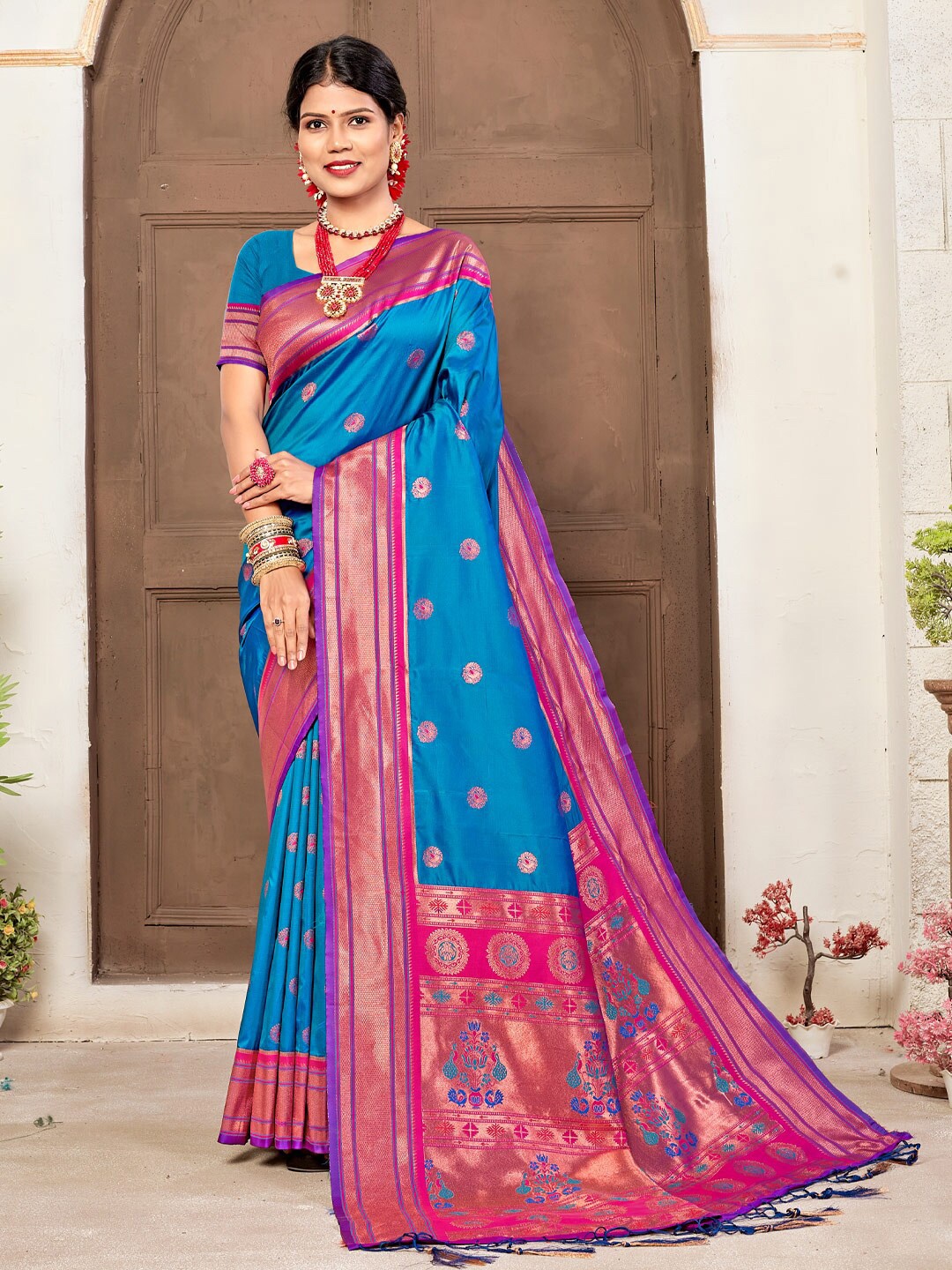 

SANGAM PRINTS Ethnic Motifs Woven Design Zari Pure Silk Paithani Saree, Blue