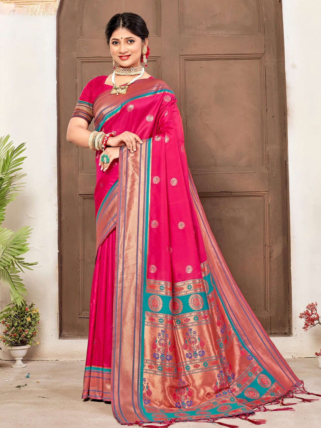 

SANGAM PRINTS Ethnic Motifs Woven Design Zari Pure Silk Paithani Saree, Pink