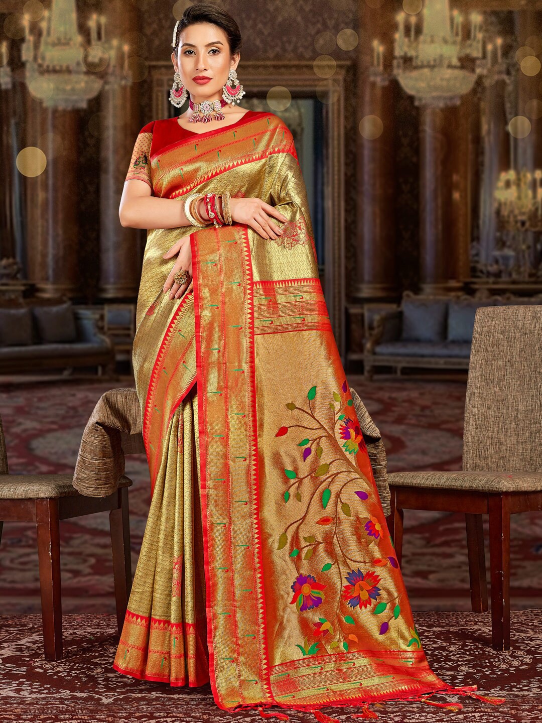 

SANGAM PRINTS Floral Woven Design Zari Pure Silk Saree, Gold