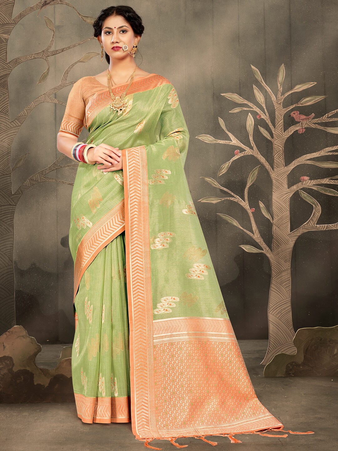 

SANGAM PRINTS Ethnic Motifs Woven Design Zari Saree, Lime green
