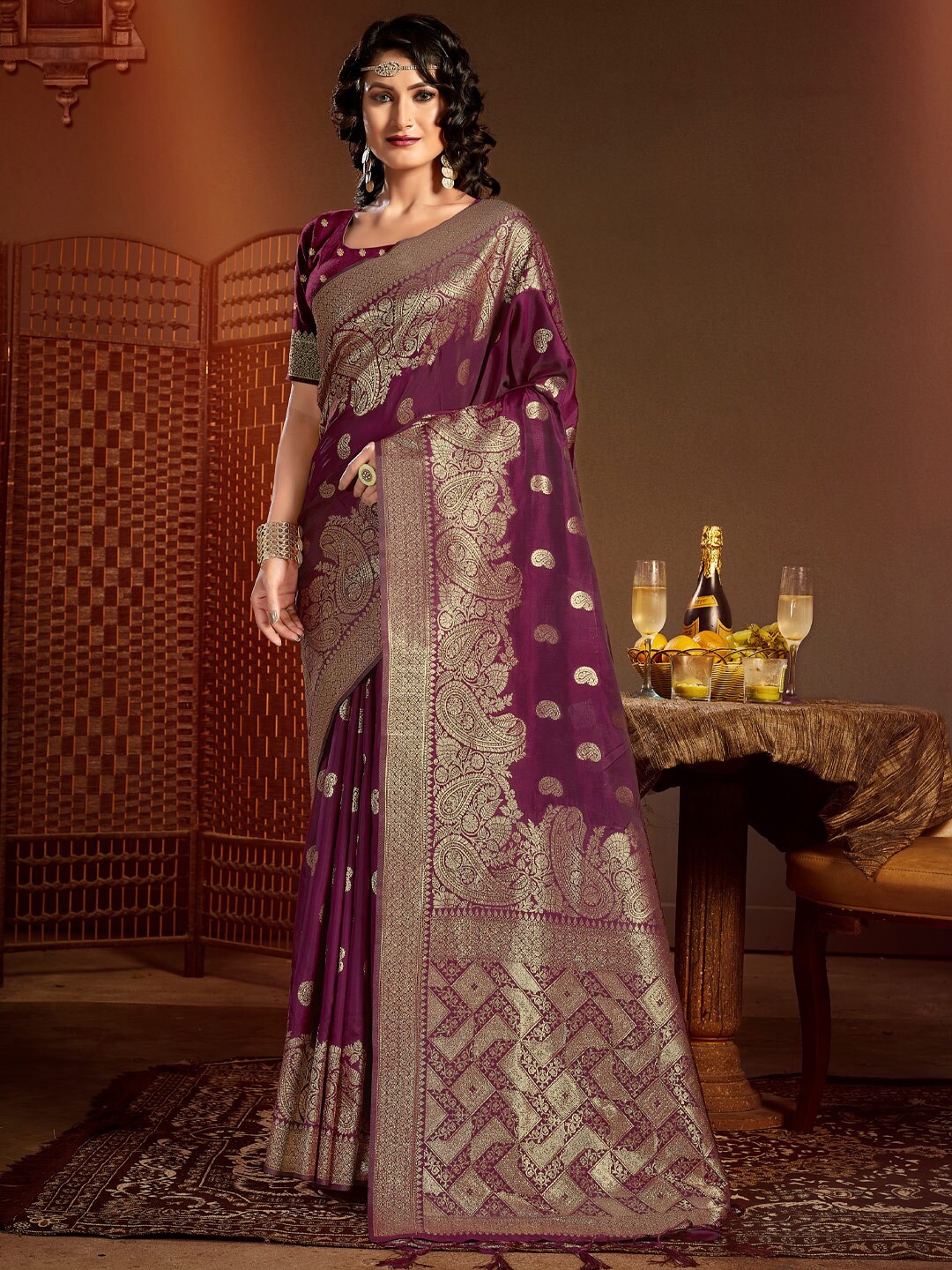 

SANGAM PRINTS Ethnic Motifs Woven Design Zari Pure Silk Paithani Saree, Purple