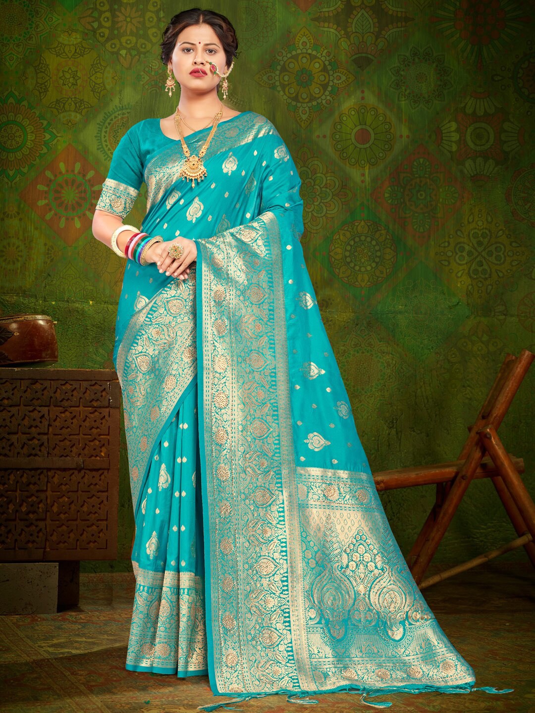 

SANGAM PRINTS Ethnic Motifs Woven Design Zari Pure Silk Saree, Blue