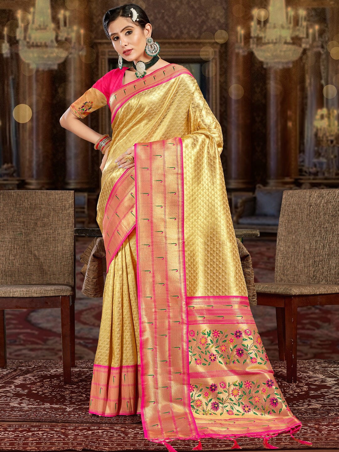 

SANGAM PRINTS Ethnic Motif Woven Design Zari Pure Silk KanJeevaram Saree, Yellow