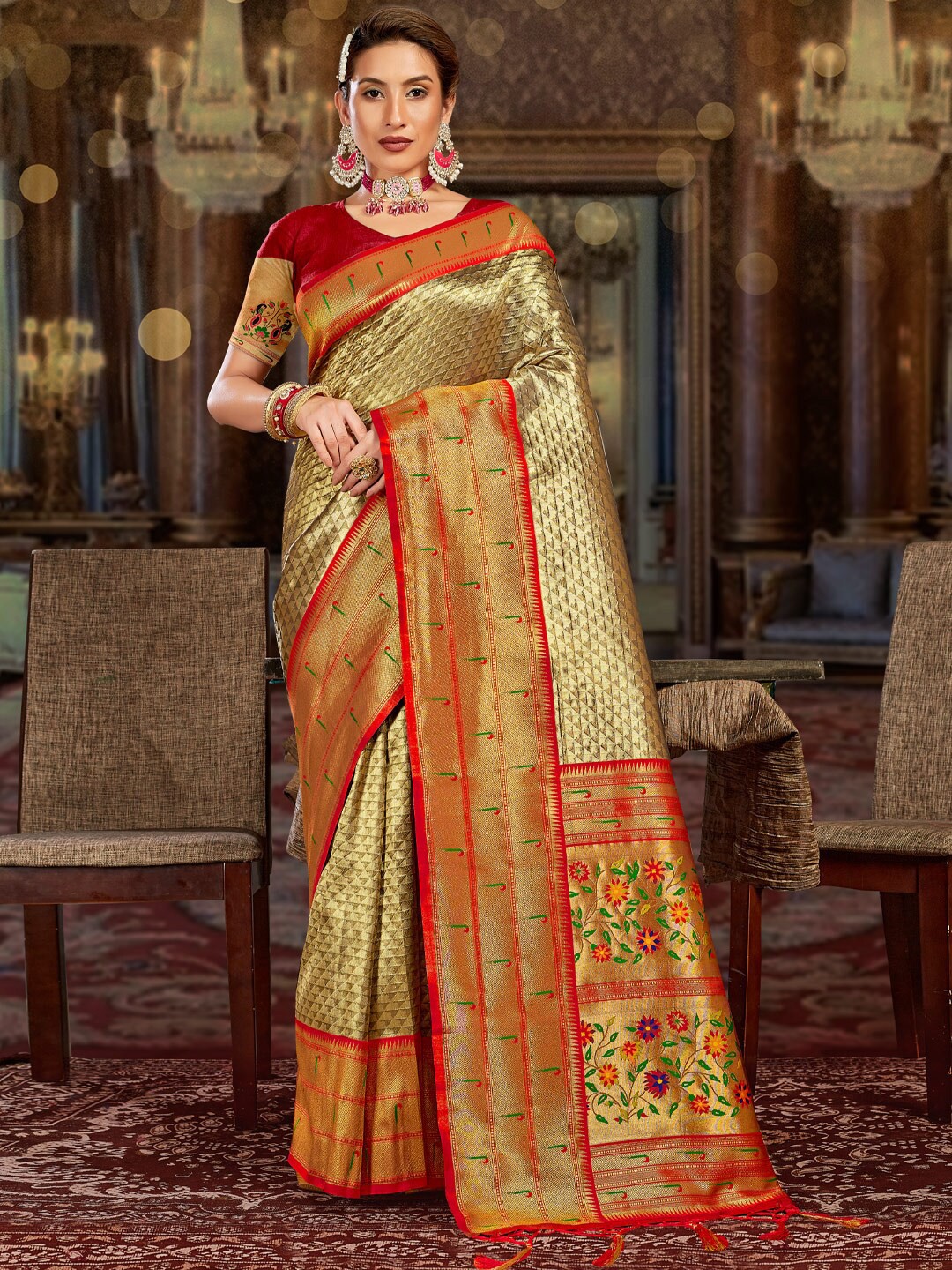 

SANGAM PRINTS Ethnic Motifs Woven Design Zari Pure Silk Kanjeevaram Saree, Gold