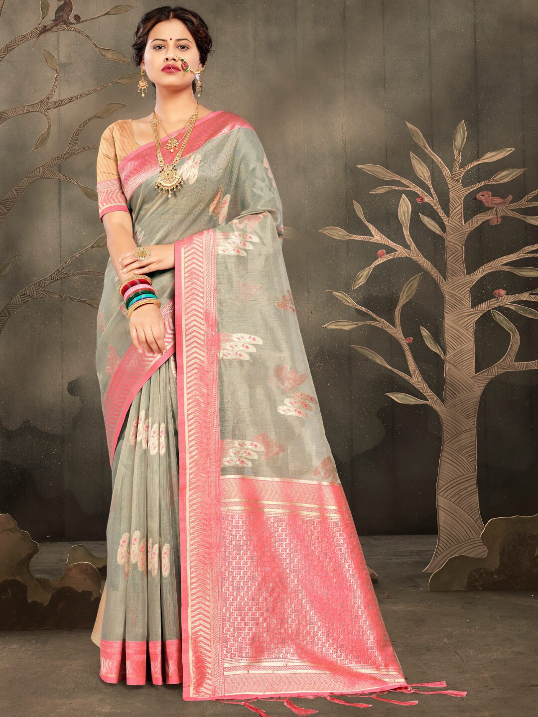 

SANGAM PRINTS Ethnic Motifs Woven Design Zari Saree, Grey