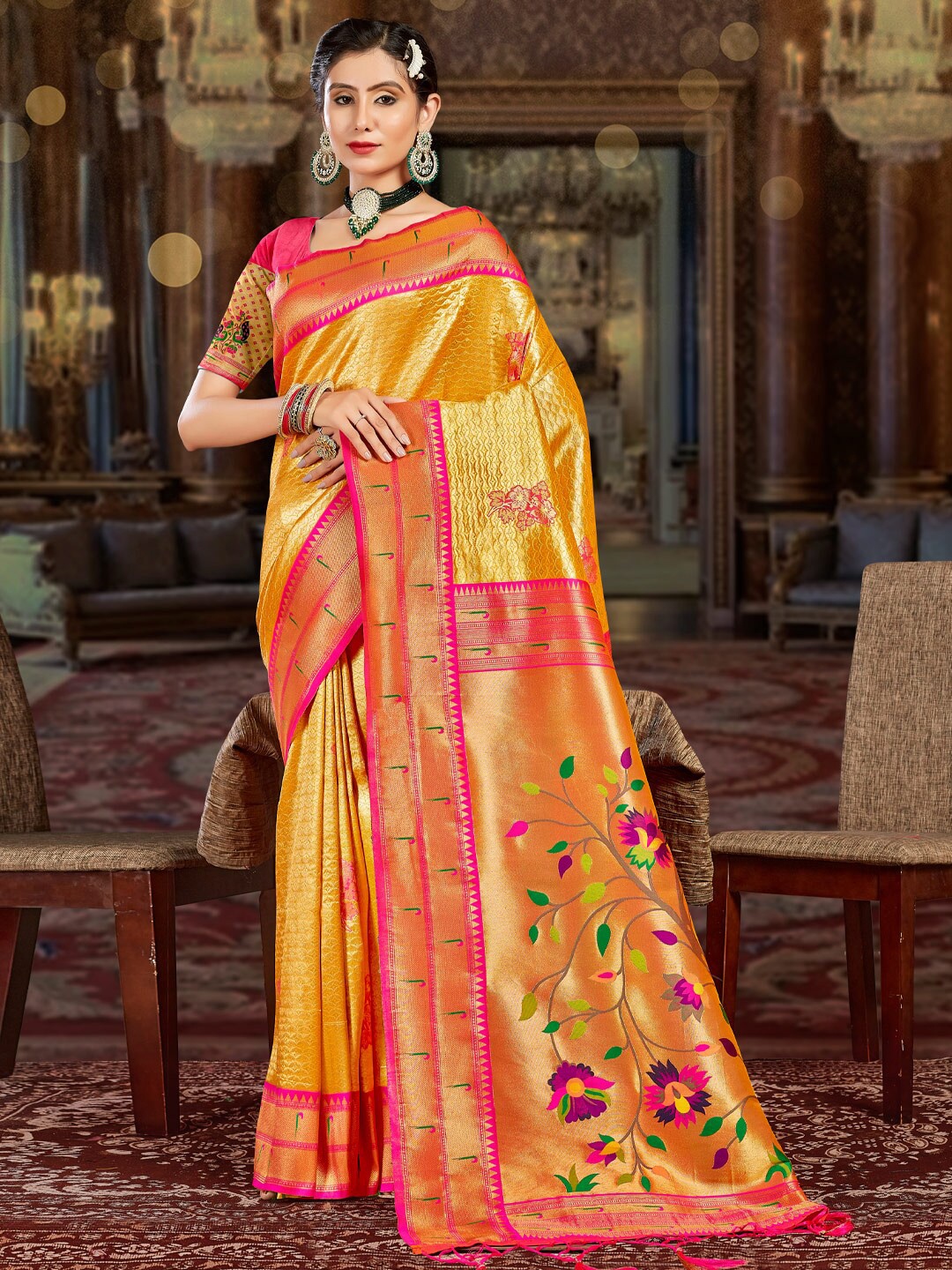 

SANGAM PRINTS Floral Woven Design Zari Pure Silk Saree, Yellow