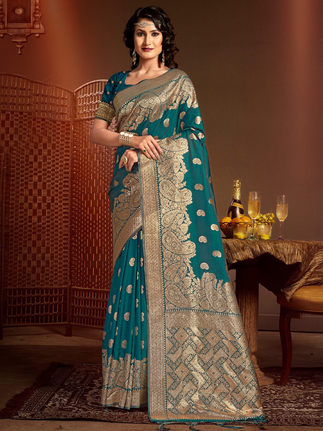

SANGAM PRINTS Ethnic Motifs Woven Design Zari Pure Silk Saree, Teal