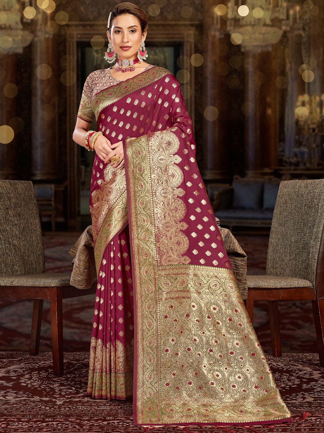 

SANGAM PRINTS Ethnic Motifs Woven Design Zari Pure Silk Saree, Magenta