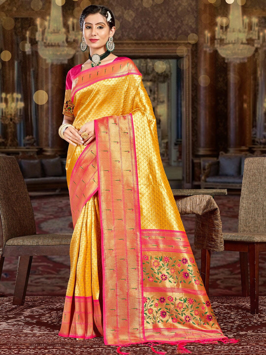 

SANGAM PRINTS Woven Design Zari Pure Silk Saree, Yellow