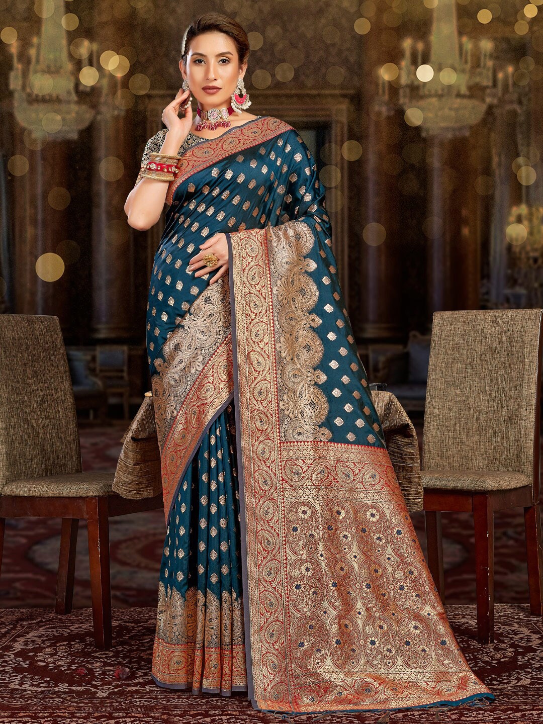 

SANGAM PRINTS Ethnic Motifs Woven Design Zari Pure Silk Saree, Navy blue