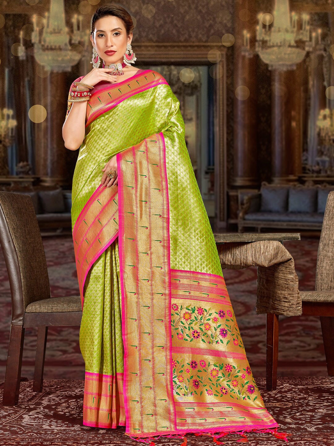 

SANGAM PRINTS Floral Woven Design Zari Pure Silk Saree, Lime green