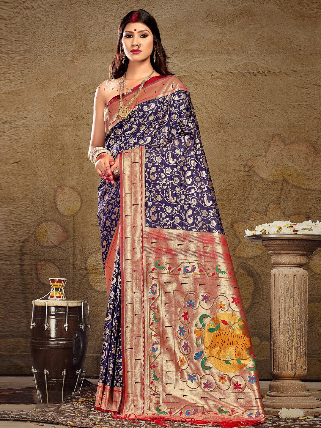 

SANGAM PRINTS Floral Woven Design Zari Pure Silk Saree, Navy blue