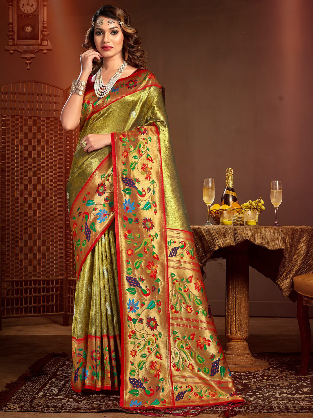 

SANGAM PRINTS Ethnic Motif Woven Design Zari Pure Silk Saree, Sea green