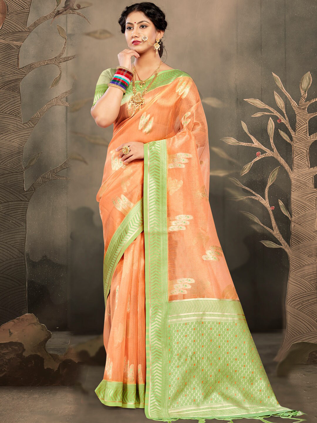 

SANGAM PRINTS Ethnic Motifs Woven Design Zari Saree, Orange