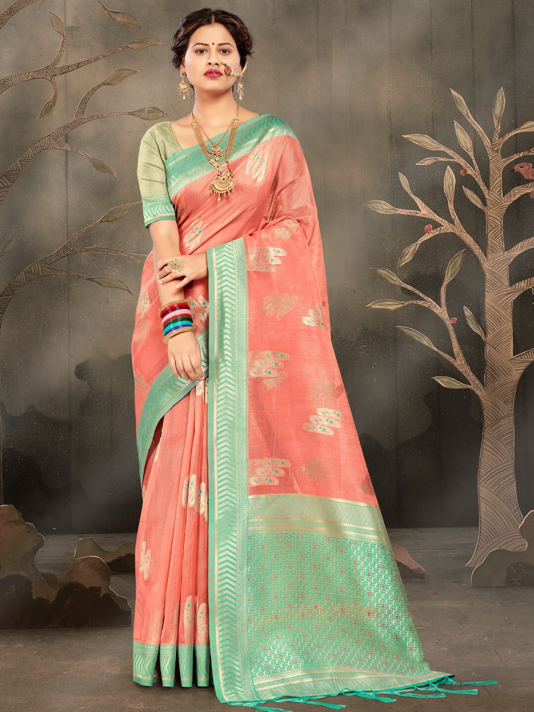 

SANGAM PRINTS Abstract Woven Design Zari Saree, Pink