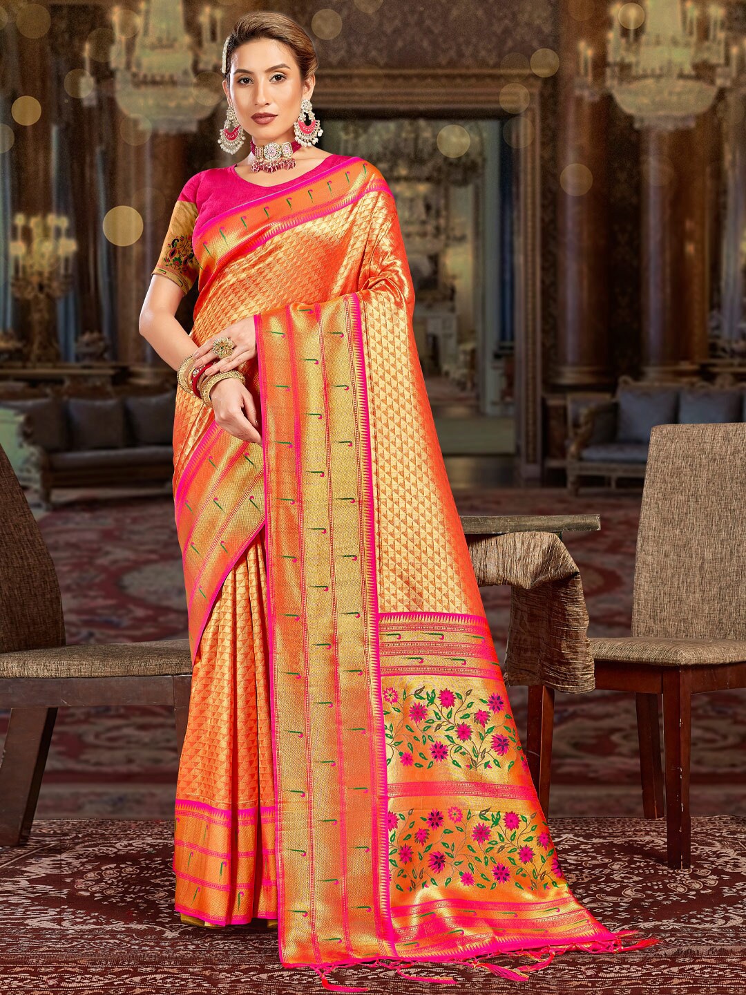 

SANGAM PRINTS Floral Woven Design Zari Pure Silk Saree, Orange