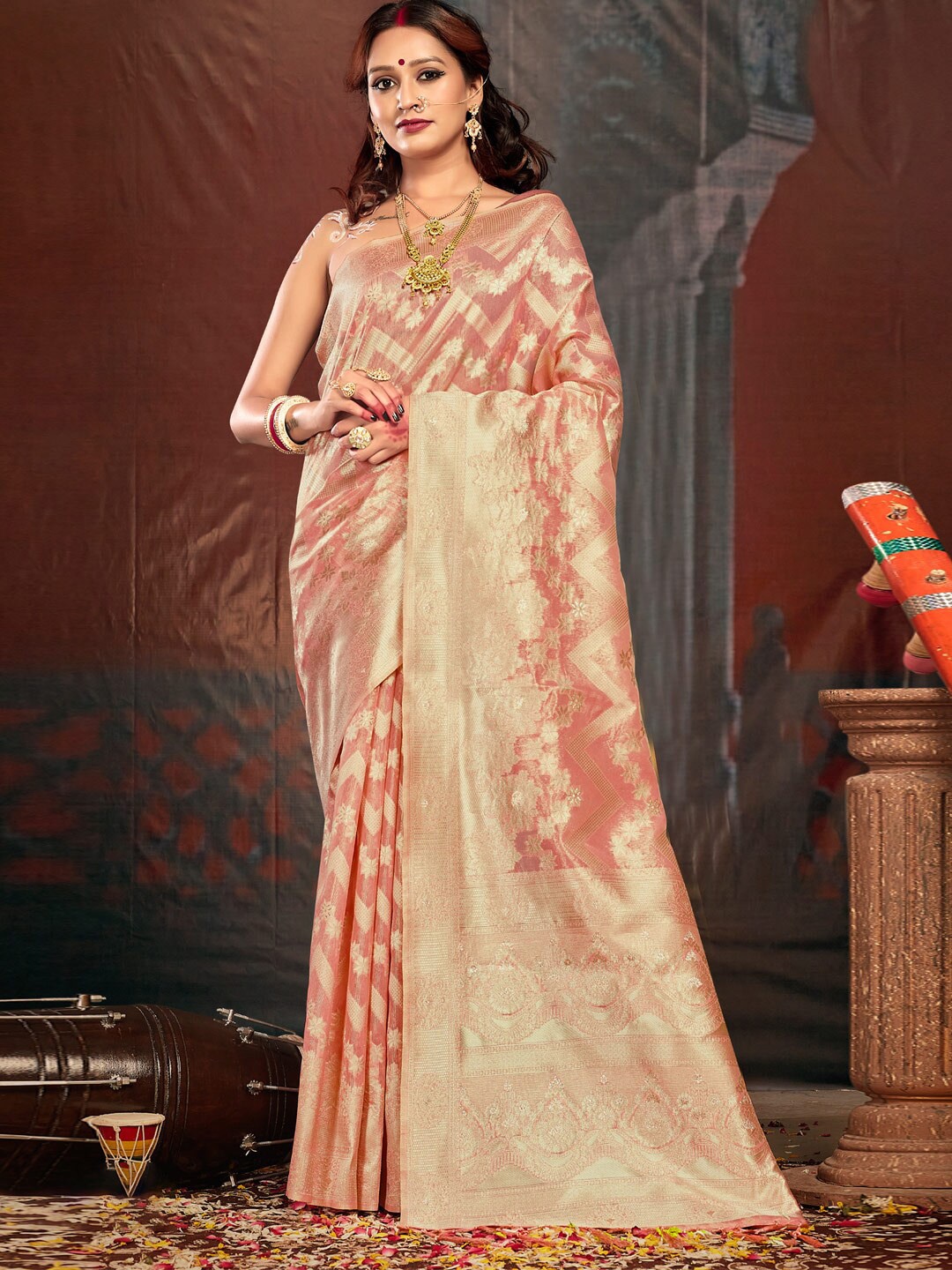 

SANGAM PRINTS Ethnic Motif Woven Design Zari Kota Saree, Peach