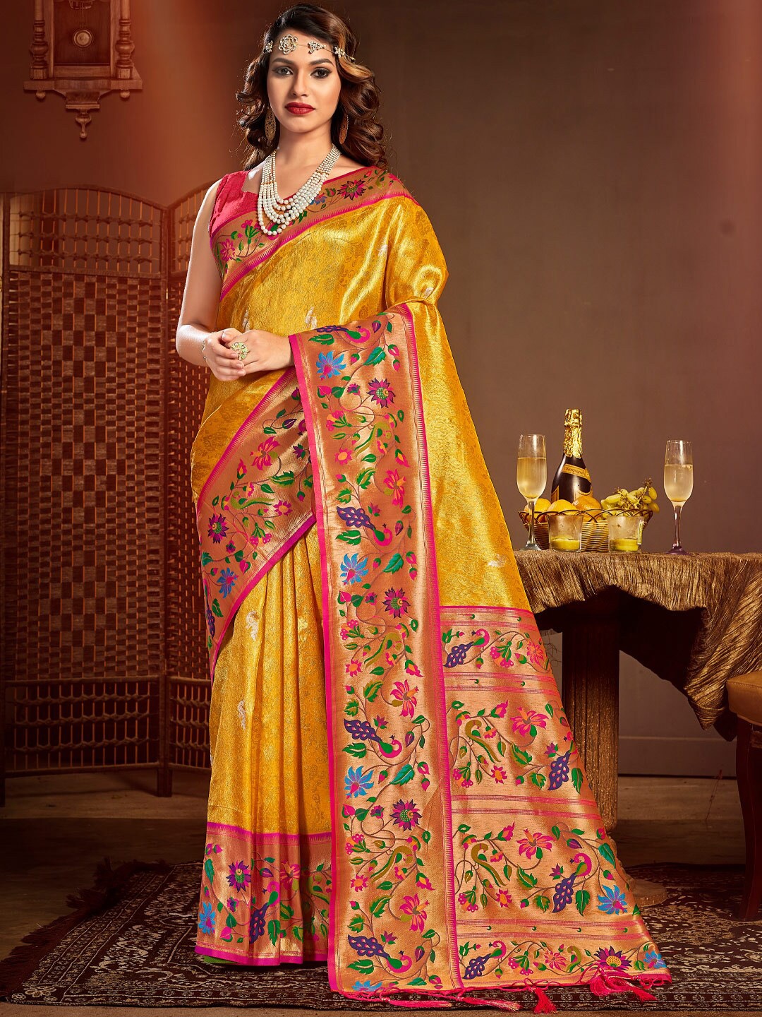 

SANGAM PRINTS Ethnic Motifs Woven Design Zari Pure Silk Saree, Yellow