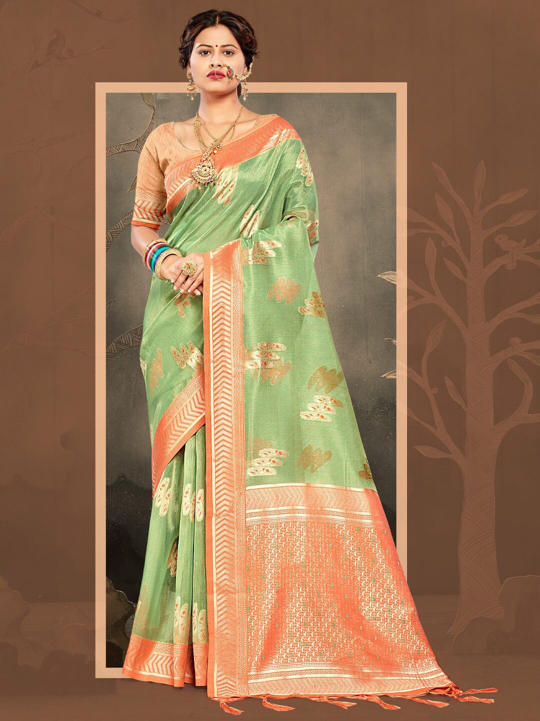 

SANGAM PRINTS Woven Design Zari Saree, Green