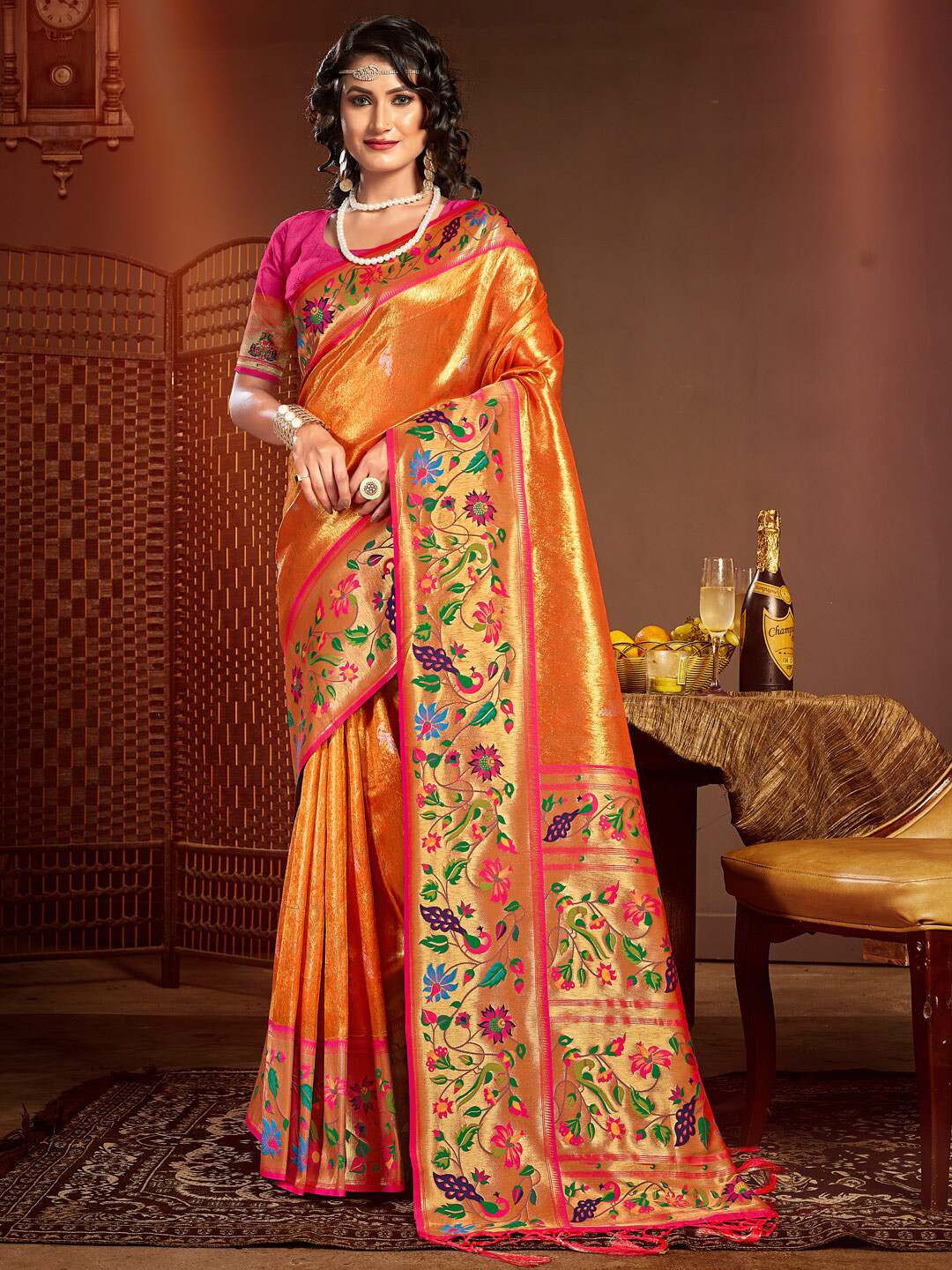 

SANGAM PRINTS Ethnic Motifs Woven Design Zari Pure Silk Saree, Orange