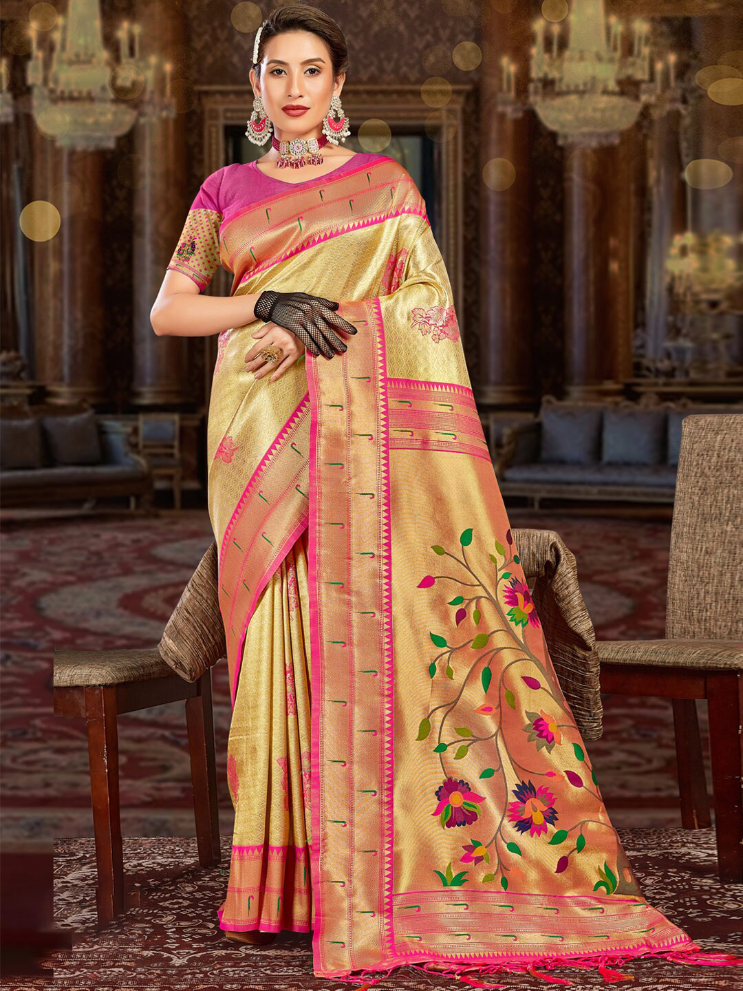 

SANGAM PRINTS Ethnic Motifs Woven Design Zari Pure Silk Kanjeevaram Saree, Cream
