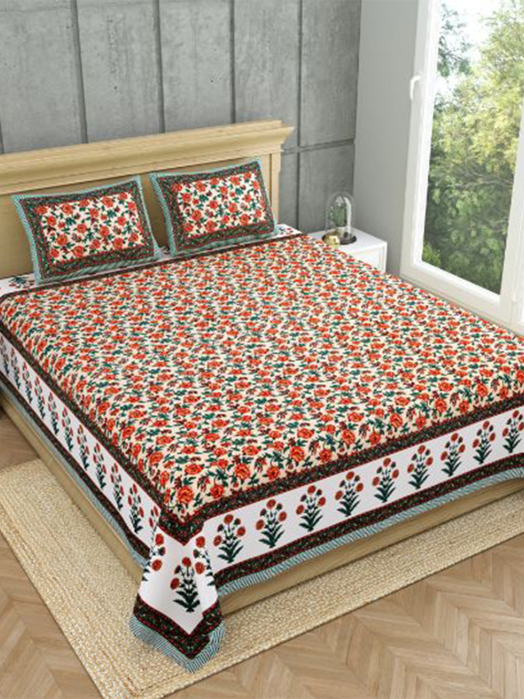 

MAFATLAL Orange & White Floral 140 TC Pure Cotton King Bedsheet With 2 Pillow Covers