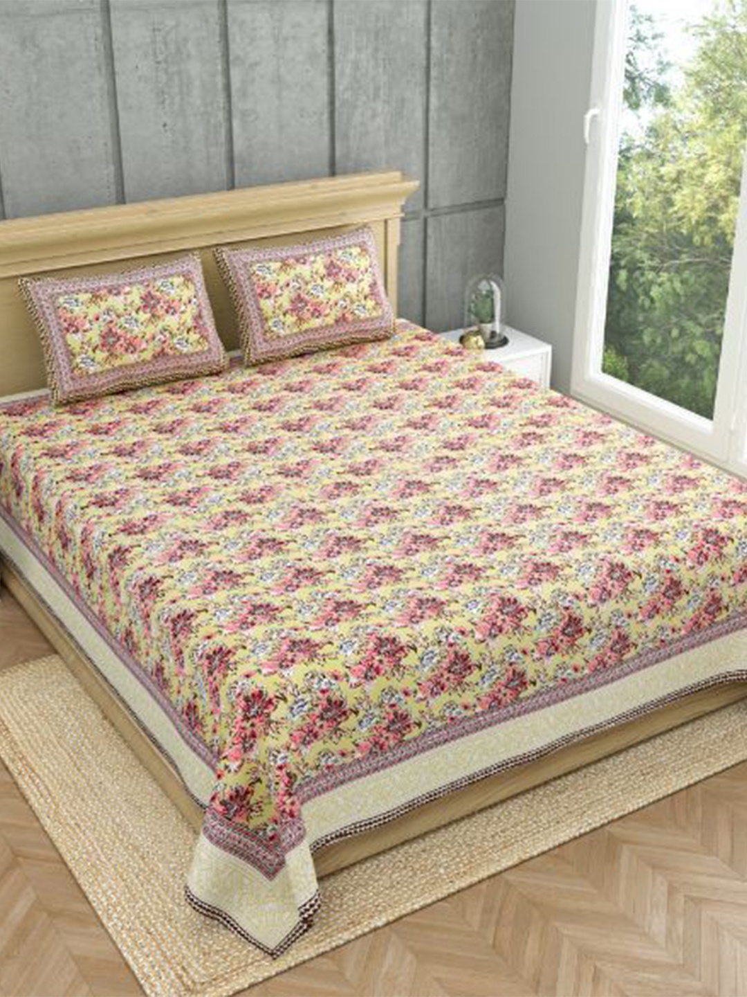 

MAFATLAL Pink & Yellow Floral 140 TC Pure Cotton King Bedsheet With 2 Pillow Covers
