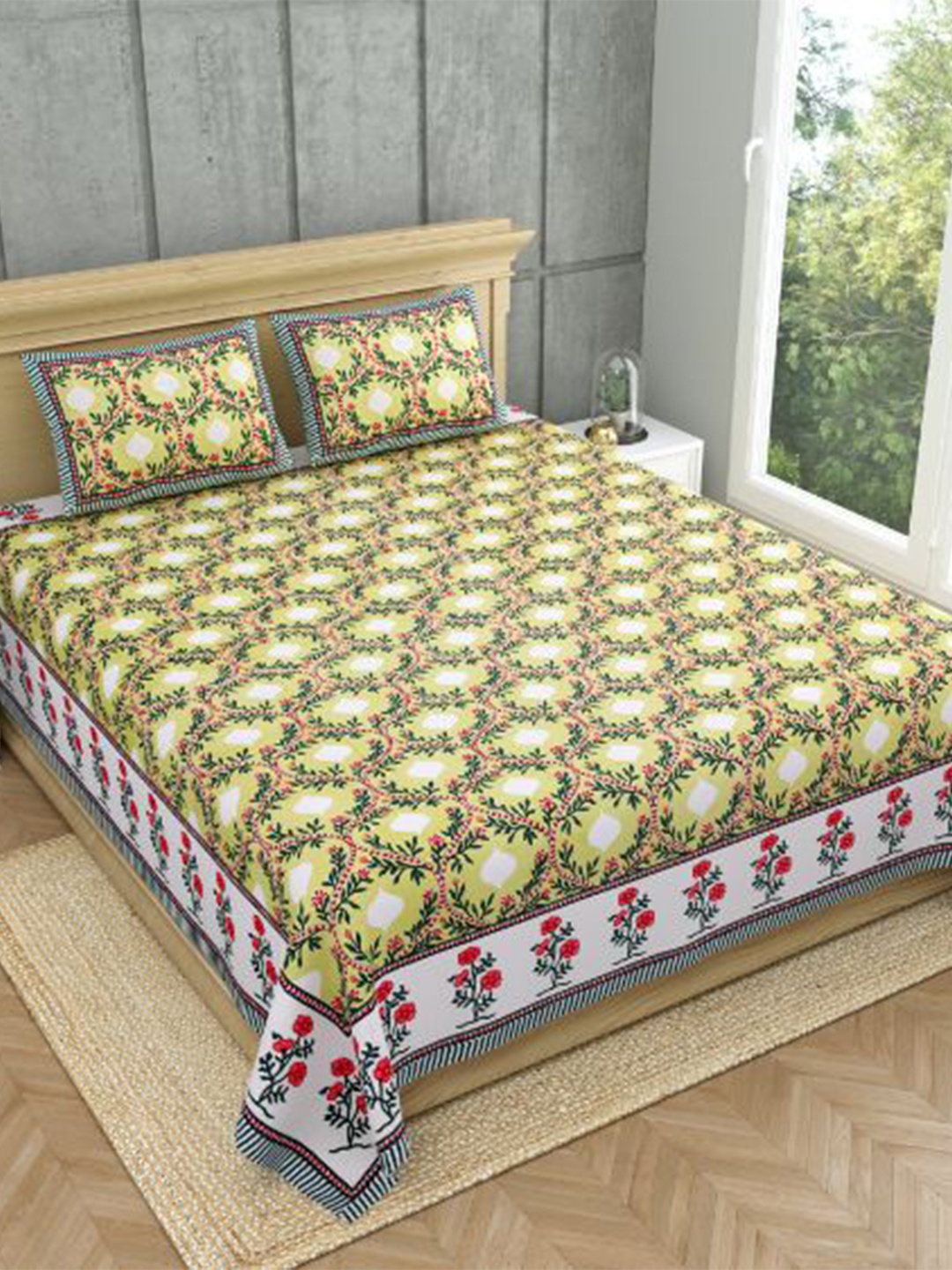 

MAFATLAL Green & Red Floral 140 TC Pure Cotton King Bedsheet With 2 Pillow Covers