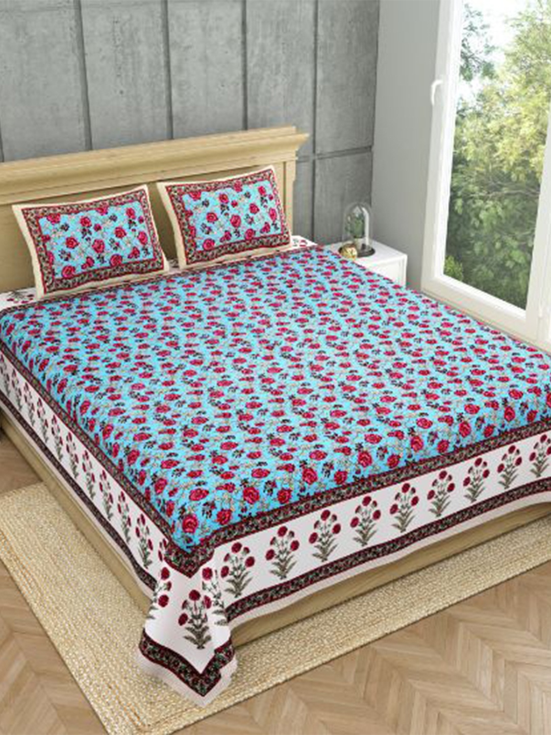 

MAFATLAL Blue & White Ethnic Motifs 140 TC Pure Cotton King Bedsheet with 2 Pillow Covers