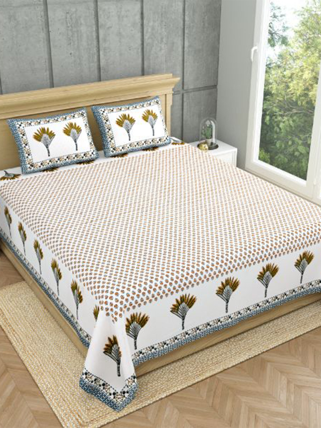 

MAFATLAL White & Mustard Yellow Ethnic Motifs 140 TC Cotton King Bedsheet &2 Pillow Covers