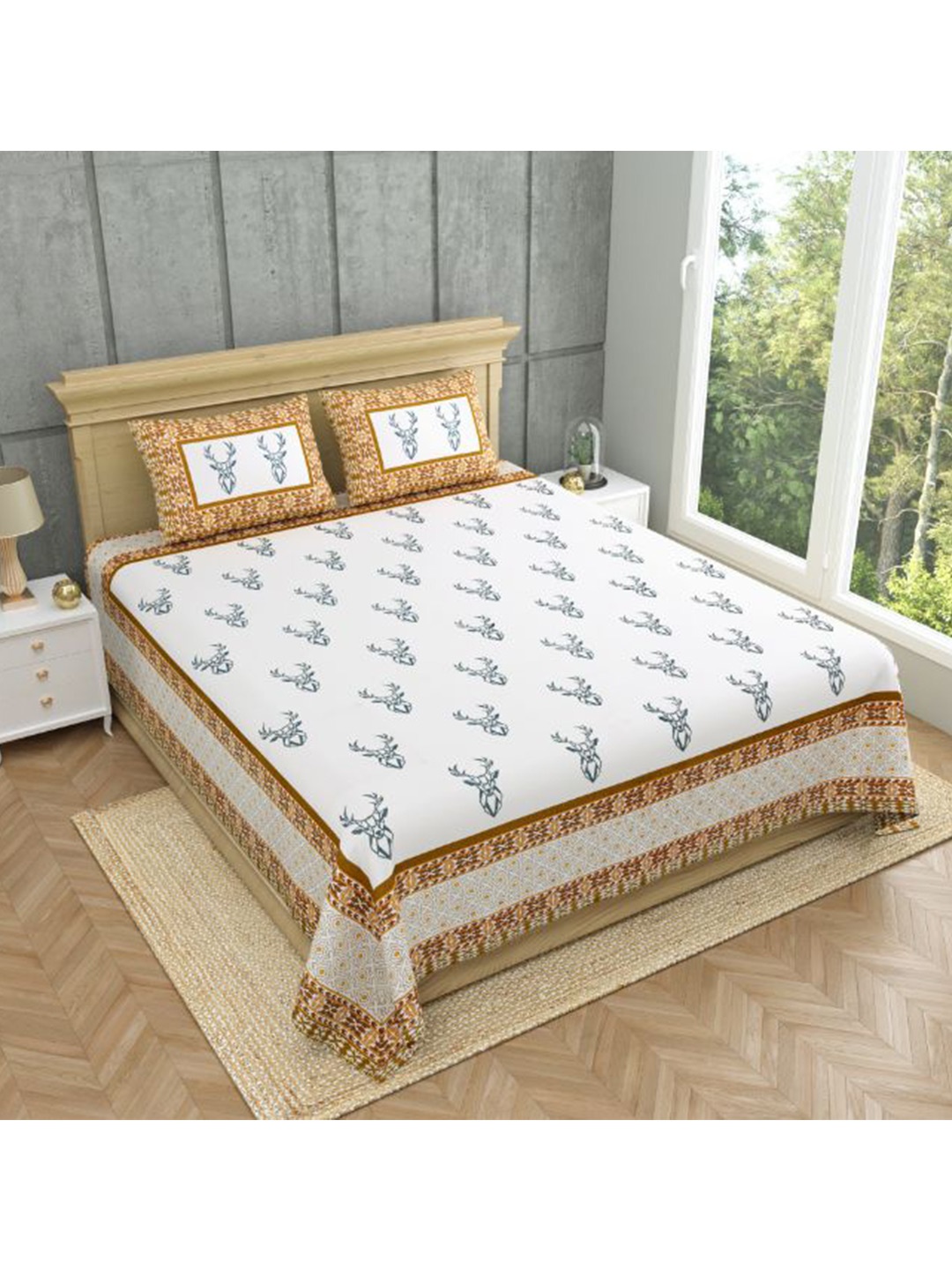 

MAFATLAL Off White Ethnic Motifs 140 TC Pure Cotton King Bedsheet with 2 Pillow Covers