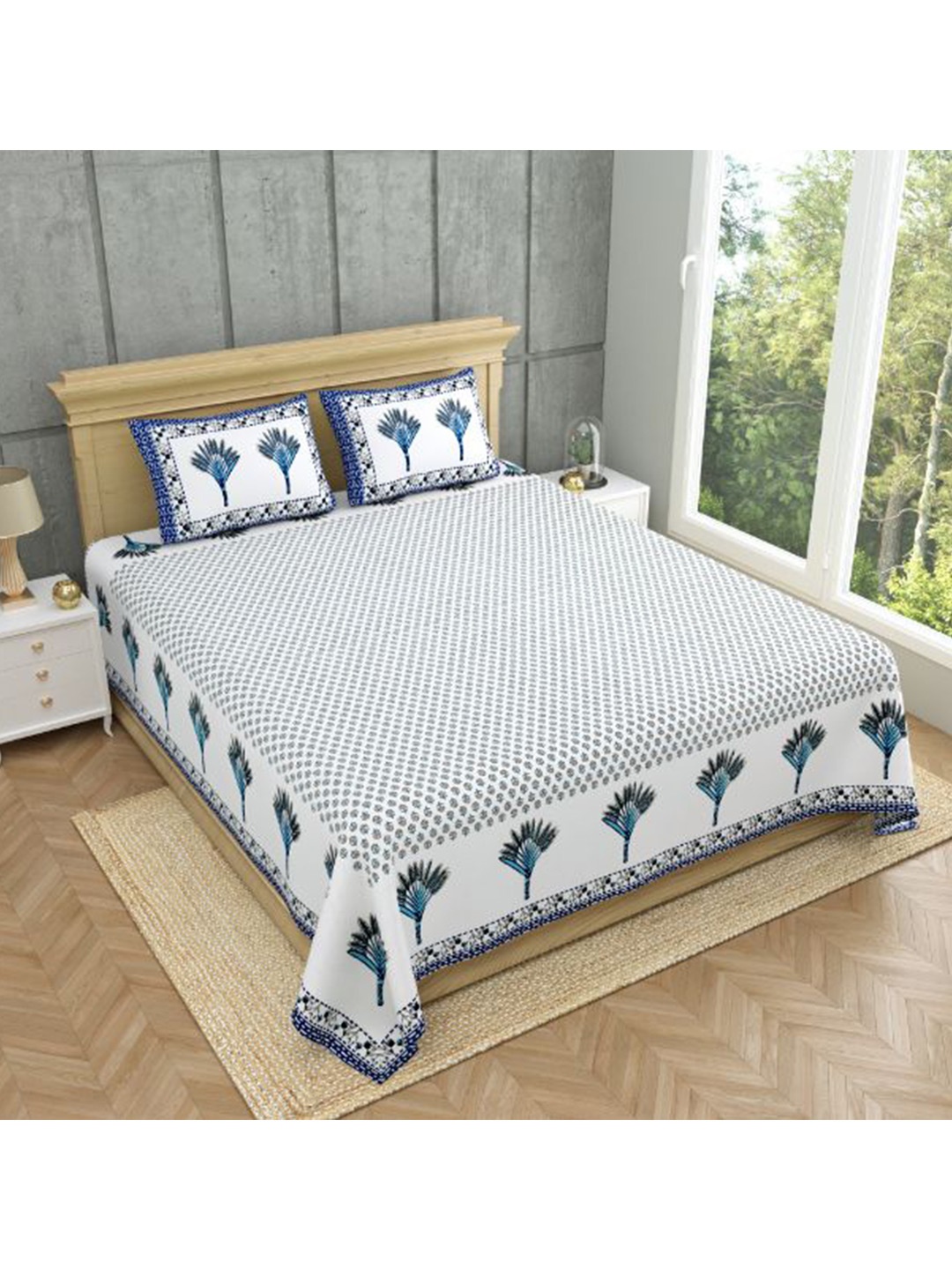 

MAFATLAL White & Blue Ethnic Motifs 140 TC Pure Cotton King Bedsheet with 2 Pillow Covers