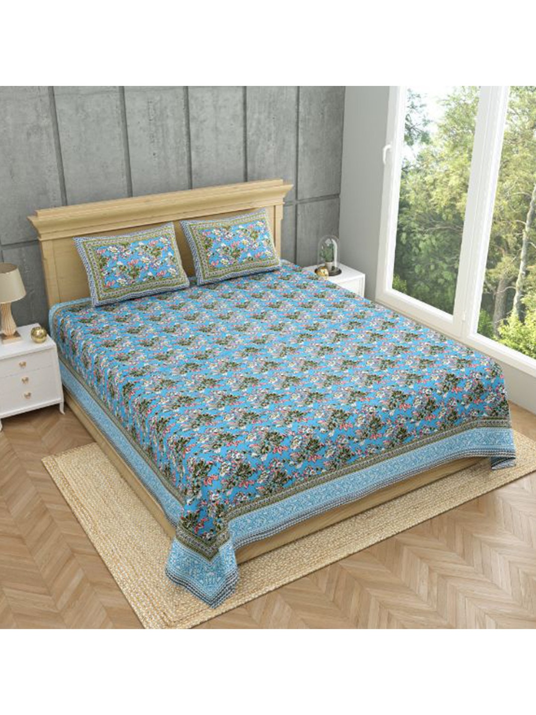 

MAFATLAL Blue & Green Ethnic Motifs 140 TC Pure Cotton King Bedsheet with 2 Pillow Covers