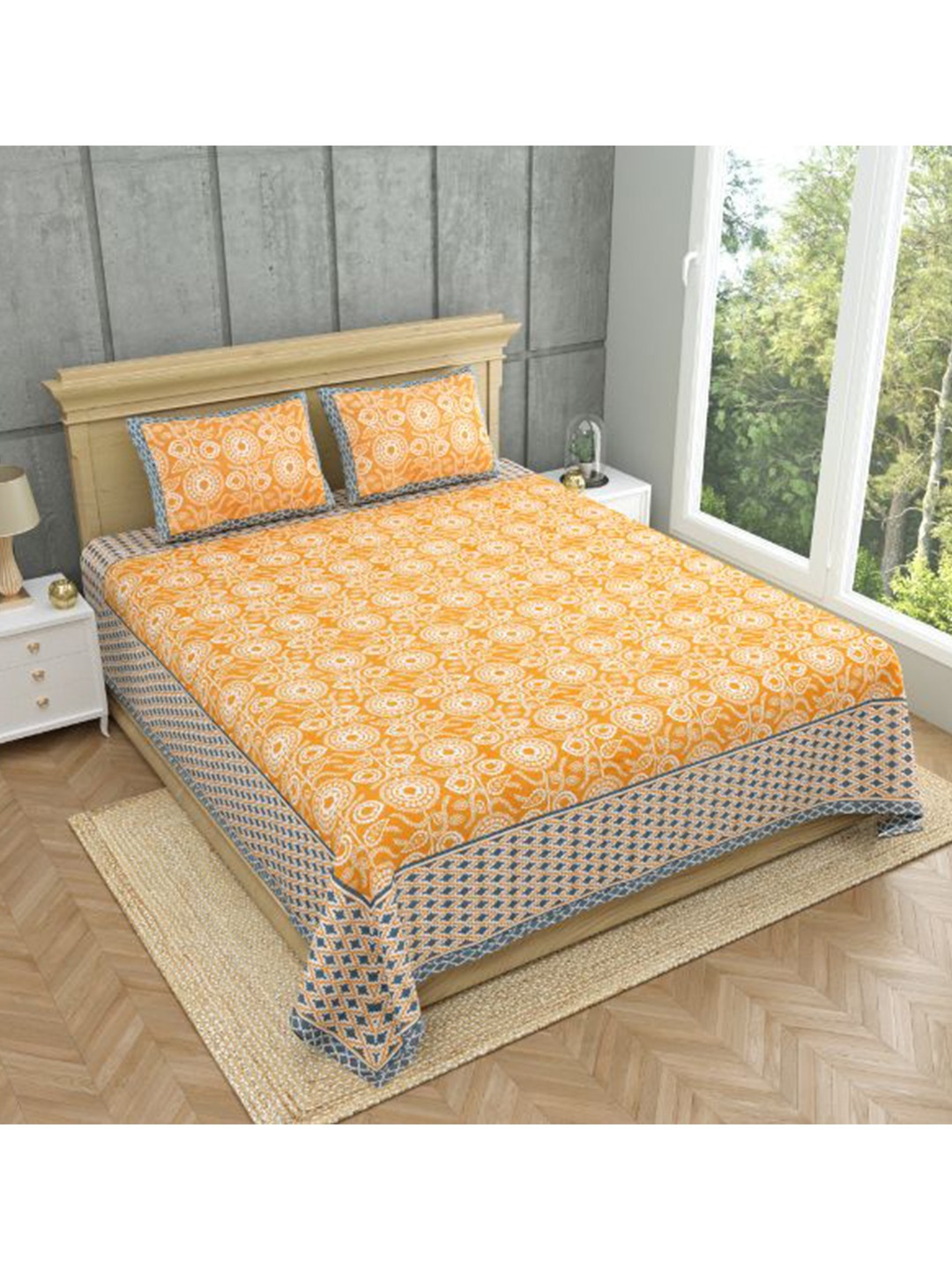 

MAFATLAL Yellow Ethnic Motifs 140 TC Pure Cotton King Bedsheet with 2 Pillow Covers