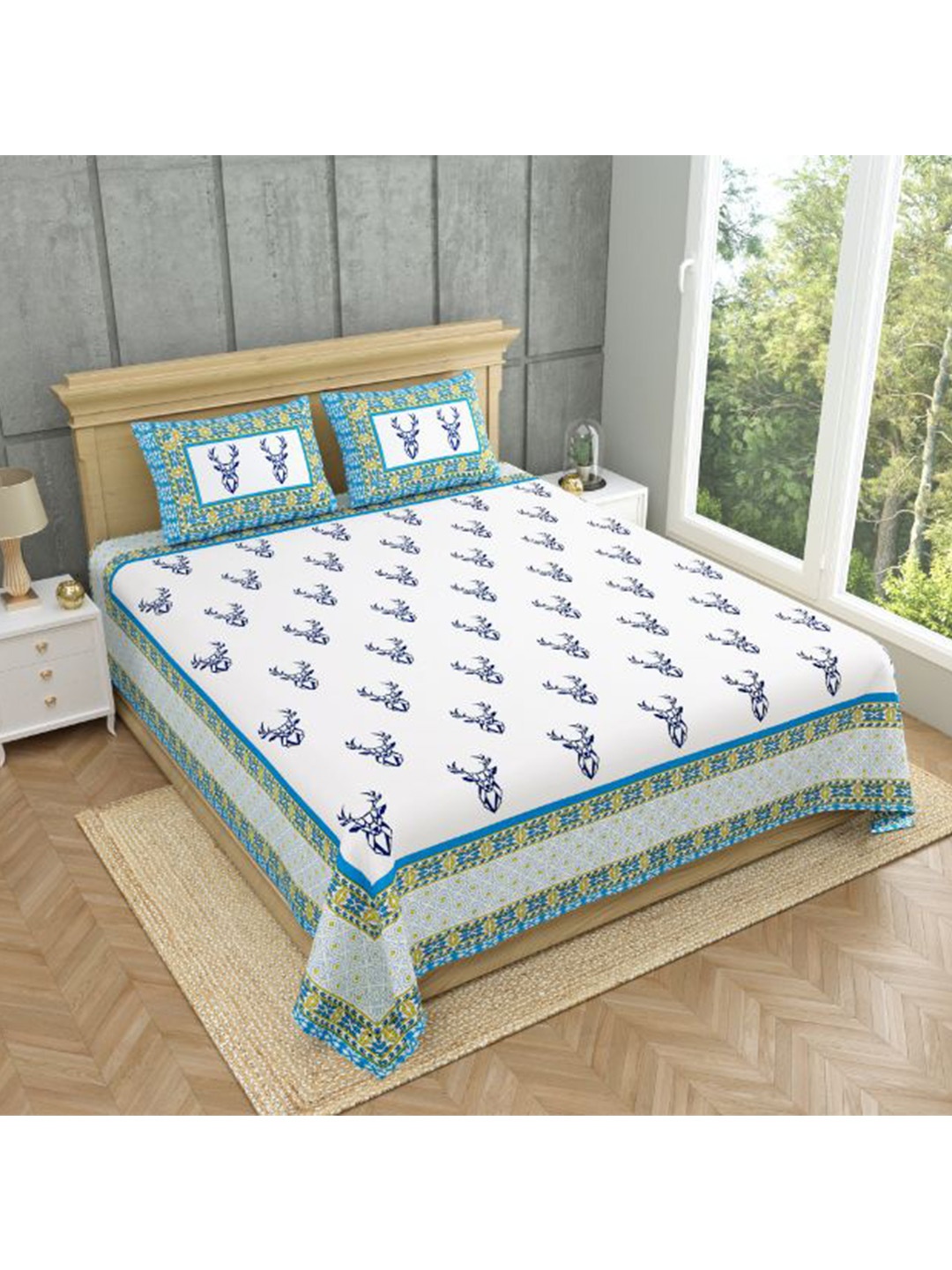 

MAFATLAL White & Blue Ethnic Motifs 140 TC Pure Cotton King Bedsheet with 2 Pillow Covers