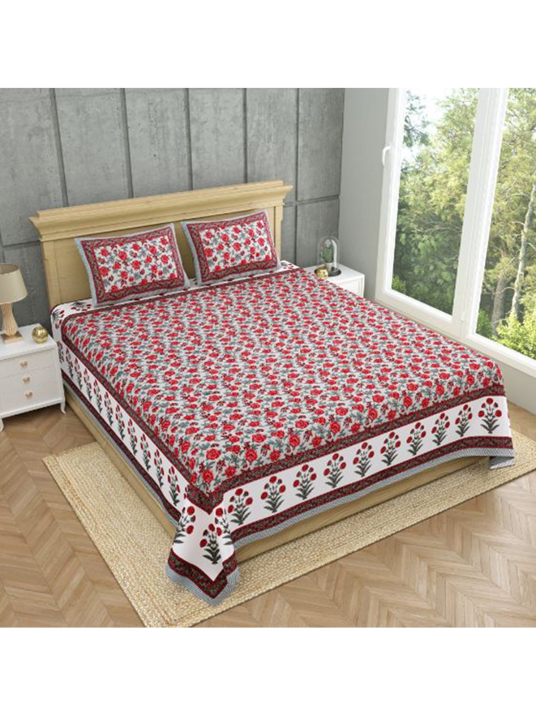 

MAFATLAL Red & White Ethnic Motifs 140 TC Pure Cotton King Bedsheet with 2 Pillow Covers