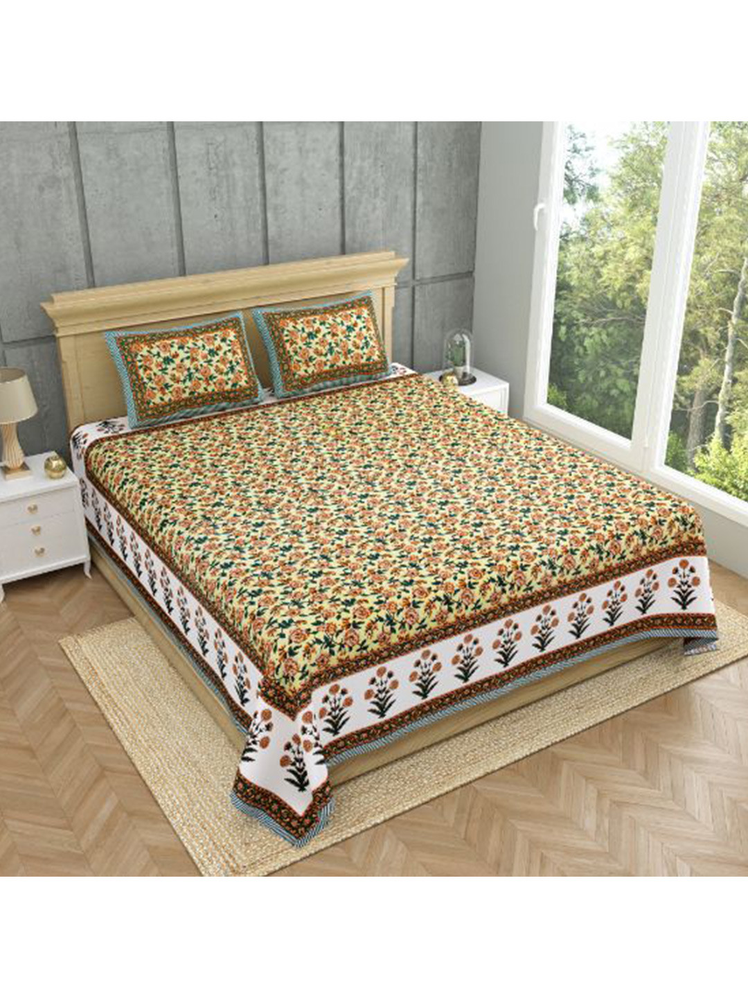 

MAFATLAL Brown & Yellow Ethnic Motif 140 TC Pure Cotton King Bedsheet with 2 Pillow Covers