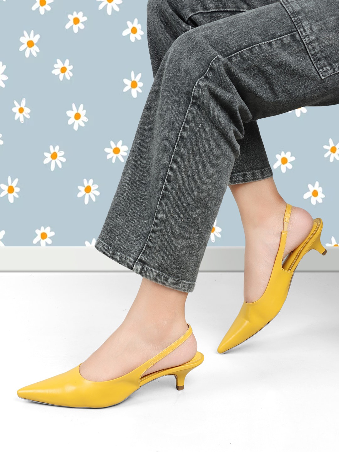 

ELLE Pointed Toe Kitten Mules With Backstrap, Yellow