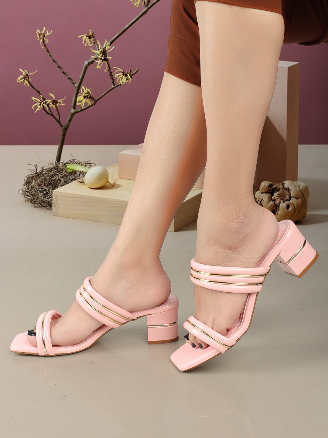 

ELLE Striped Double Strap Block Heels, Pink