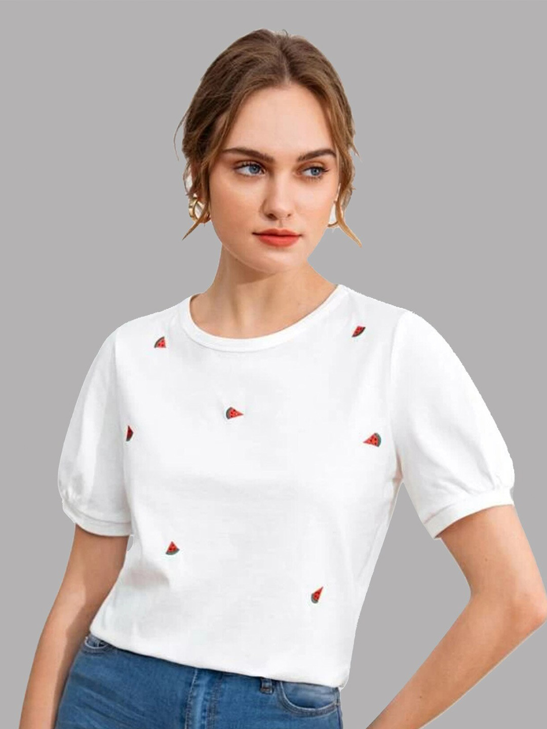 

Dream Beauty Fashion Conversational Printed Puff Sleeves Regular T-Shirt, White